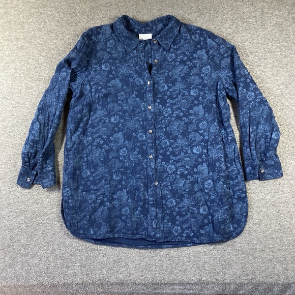 Pure Jill J.Jill Button Up Shirt Women L Petite Blue Floral Long Sleeve Collared - Picture 1 of 9